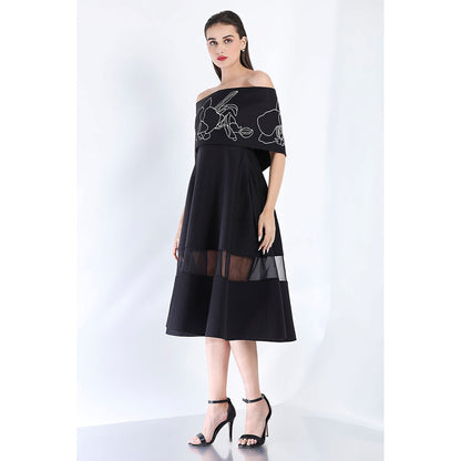 Ozeqo Black Fit and Flare Embroidered Dress and Wrap
