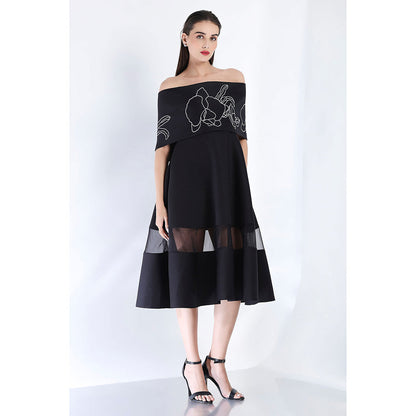 Ozeqo Black Fit and Flare Embroidered Dress and Wrap