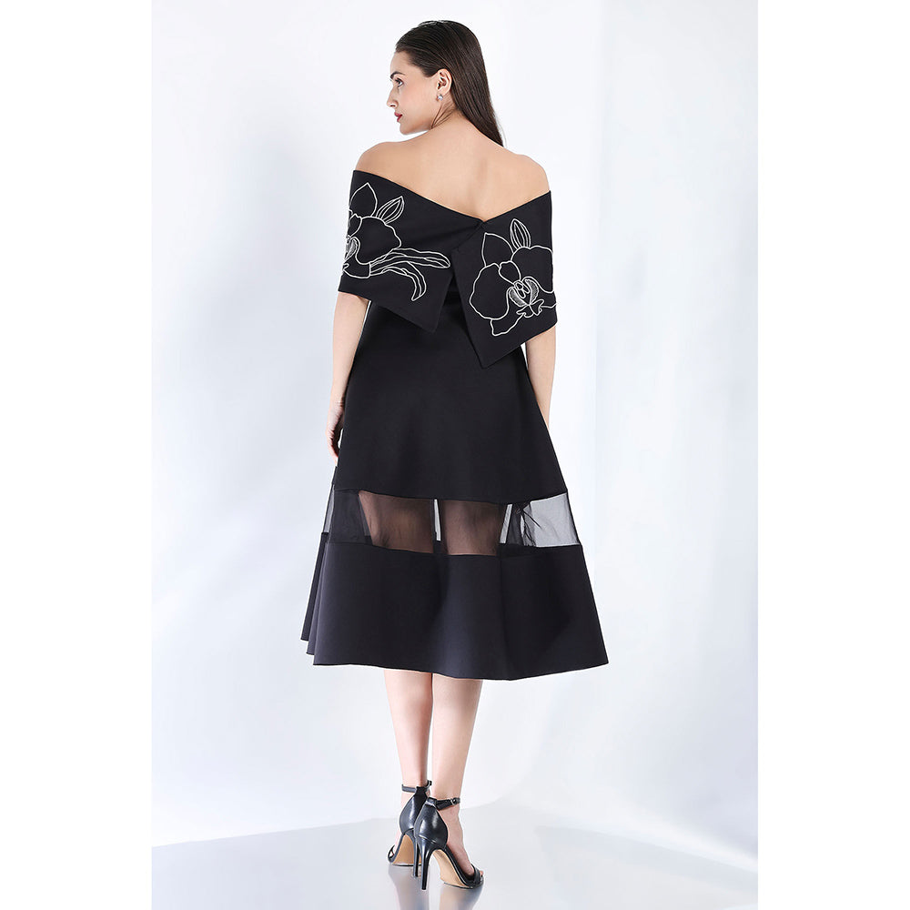 Ozeqo Black Fit and Flare Embroidered Dress and Wrap