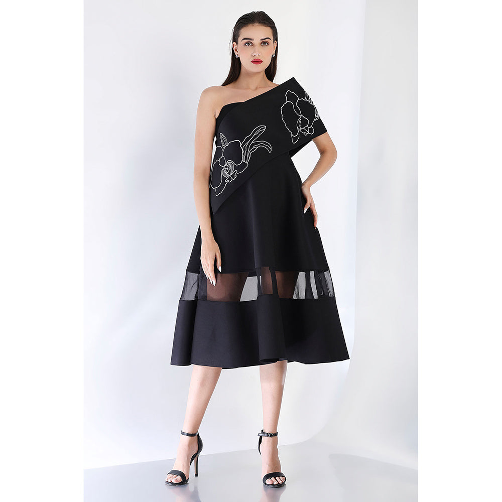 Ozeqo Black Fit and Flare Embroidered Dress and Wrap