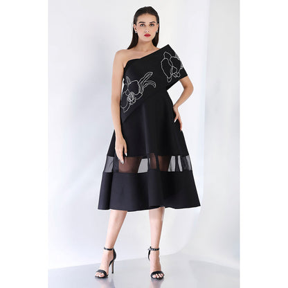 Ozeqo Black Fit and Flare Embroidered Dress and Wrap