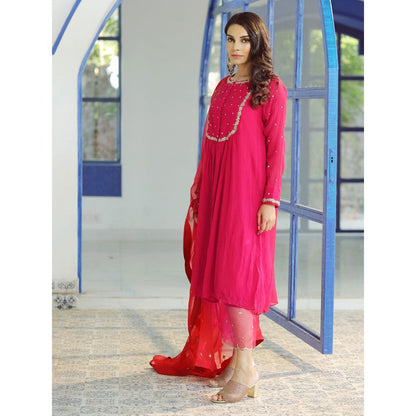 Pairaahan Leher Pink Chiffon Kurta (Set of 3)