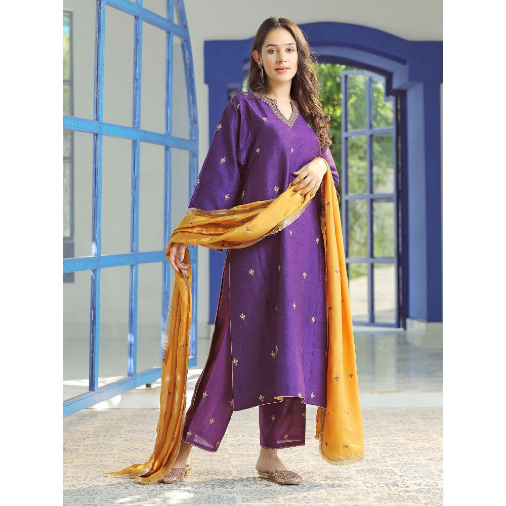 Pairaahan Nairab Silk Purple Hand Embroiderd Kurta (Set of 3)