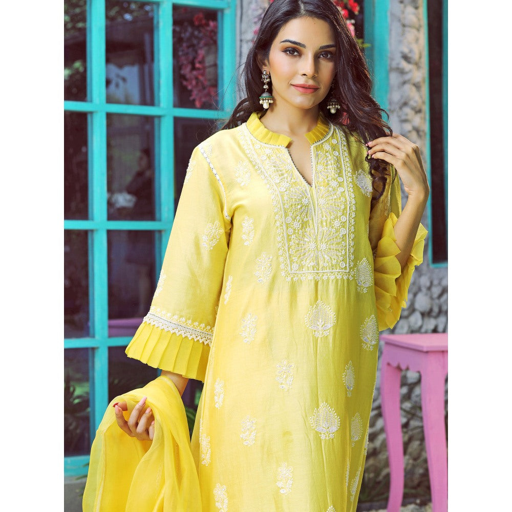Pairaahan Sorin Chanderi Silk Hand Embroidered Yellow (Set of 3)