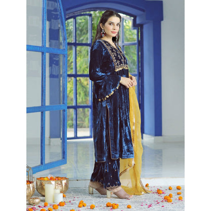 Pairaahan Falak Velvet Embroidered Kurta (Set of 3)
