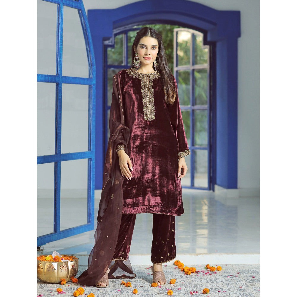 Pairaahan Lyna Velvet Embroidered Kurta (Set of 3)