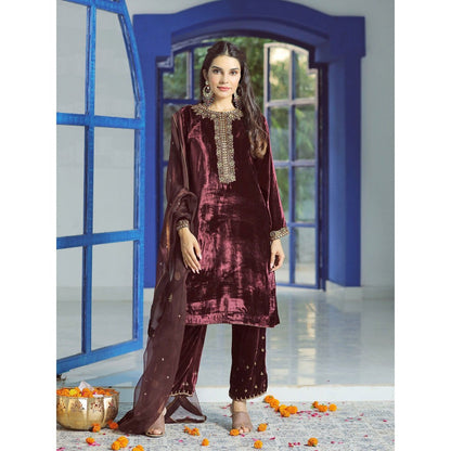 Pairaahan Lyna Velvet Embroidered Kurta (Set of 3)