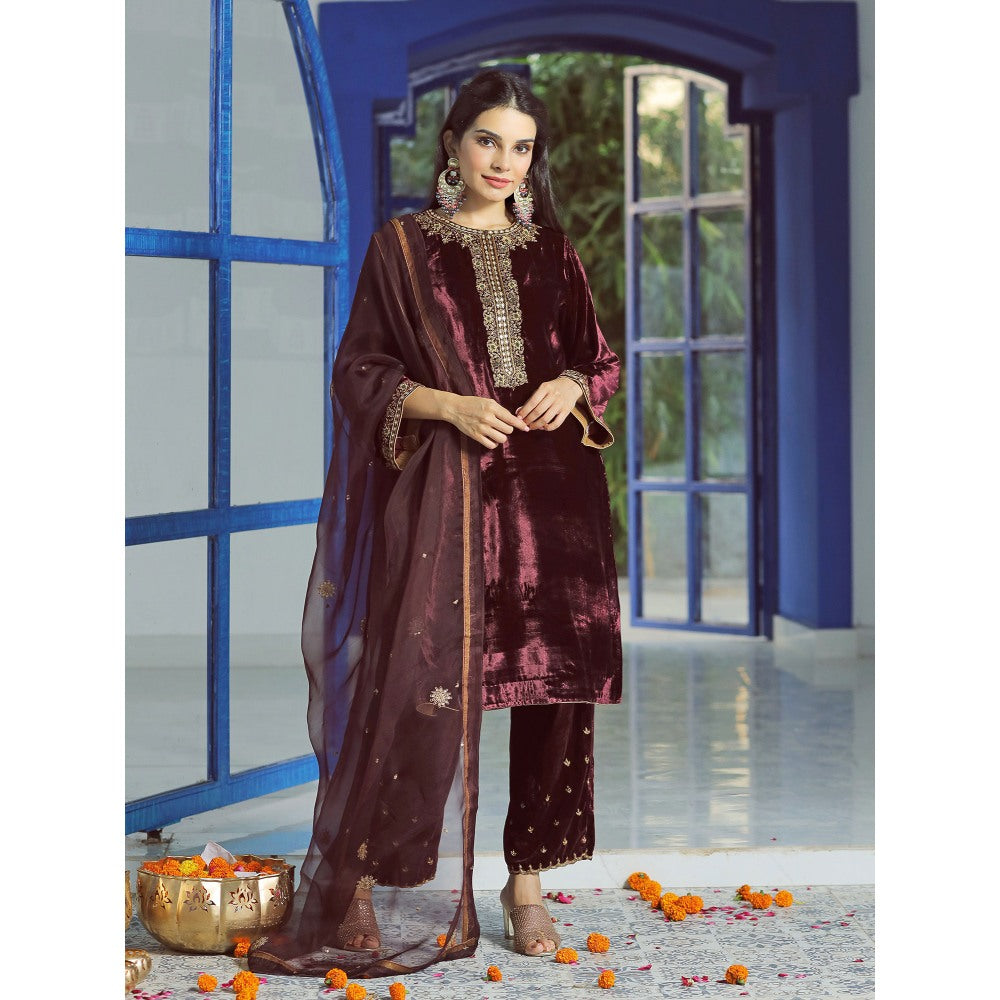 Pairaahan Lyna Velvet Embroidered Kurta (Set of 3)