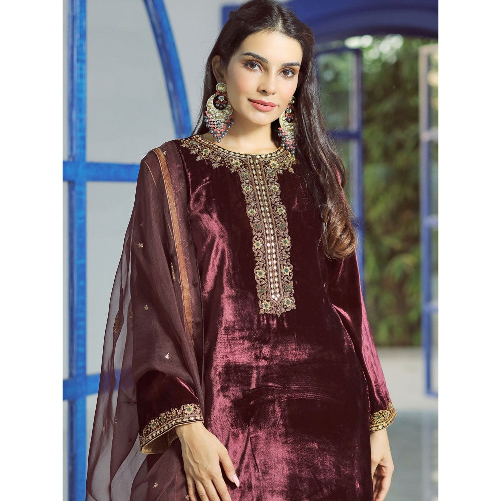 Pairaahan Lyna Velvet Embroidered Kurta (Set of 3)