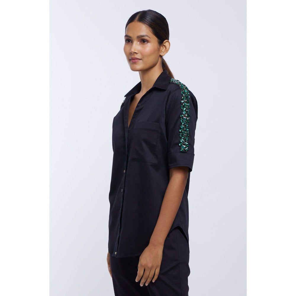 Pallavi Swadi Black Solid Emerald Swarovski Ribbon Shirt