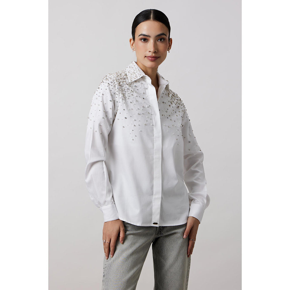 Pallavi Swadi White Encrusted Pearl Swarovski Shirt
