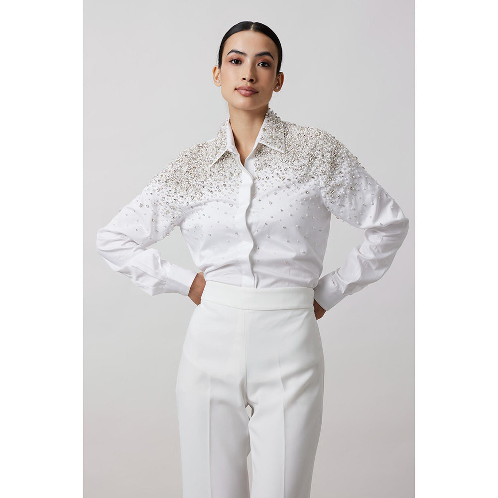 Pallavi Swadi White Heavy Encrusted Pearl Swarovski Shirt