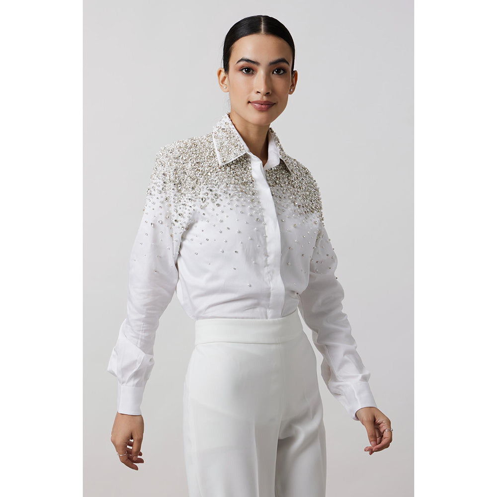 Pallavi Swadi White Heavy Encrusted Pearl Swarovski Shirt