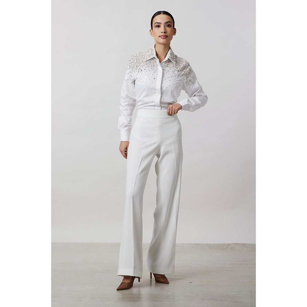 Pallavi Swadi White Heavy Encrusted Pearl Swarovski Shirt