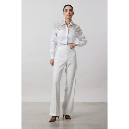 Pallavi Swadi White Heavy Encrusted Pearl Swarovski Shirt