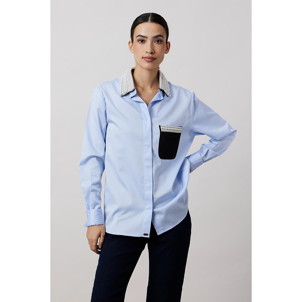 Pallavi Swadi Sky Blue Pearl Collar Pocket Shirt