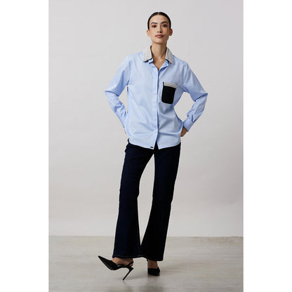 Pallavi Swadi Sky Blue Pearl Collar Pocket Shirt