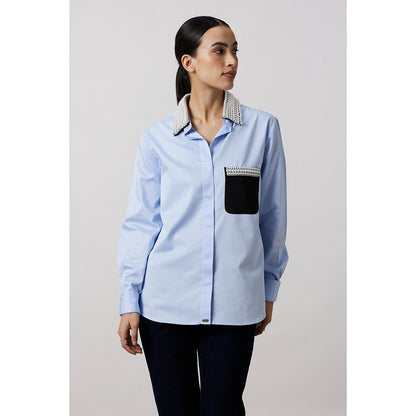 Pallavi Swadi Sky Blue Pearl Collar Pocket Shirt