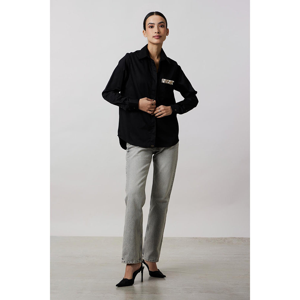 Pallavi Swadi Black Pearl Strip Pocket Shirt