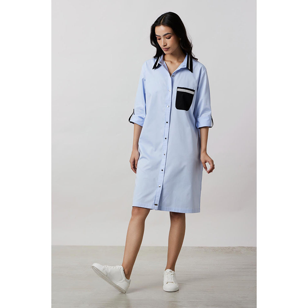 Pallavi Swadi Sky Blue Pearl Collar Pocket Shirt Dress
