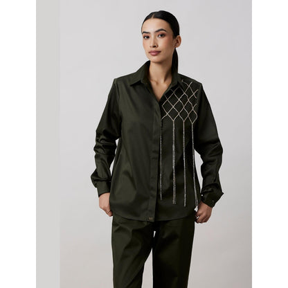 Pallavi Swadi Olive Fringe Swarovski Shirt