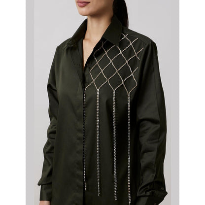 Pallavi Swadi Olive Fringe Swarovski Shirt