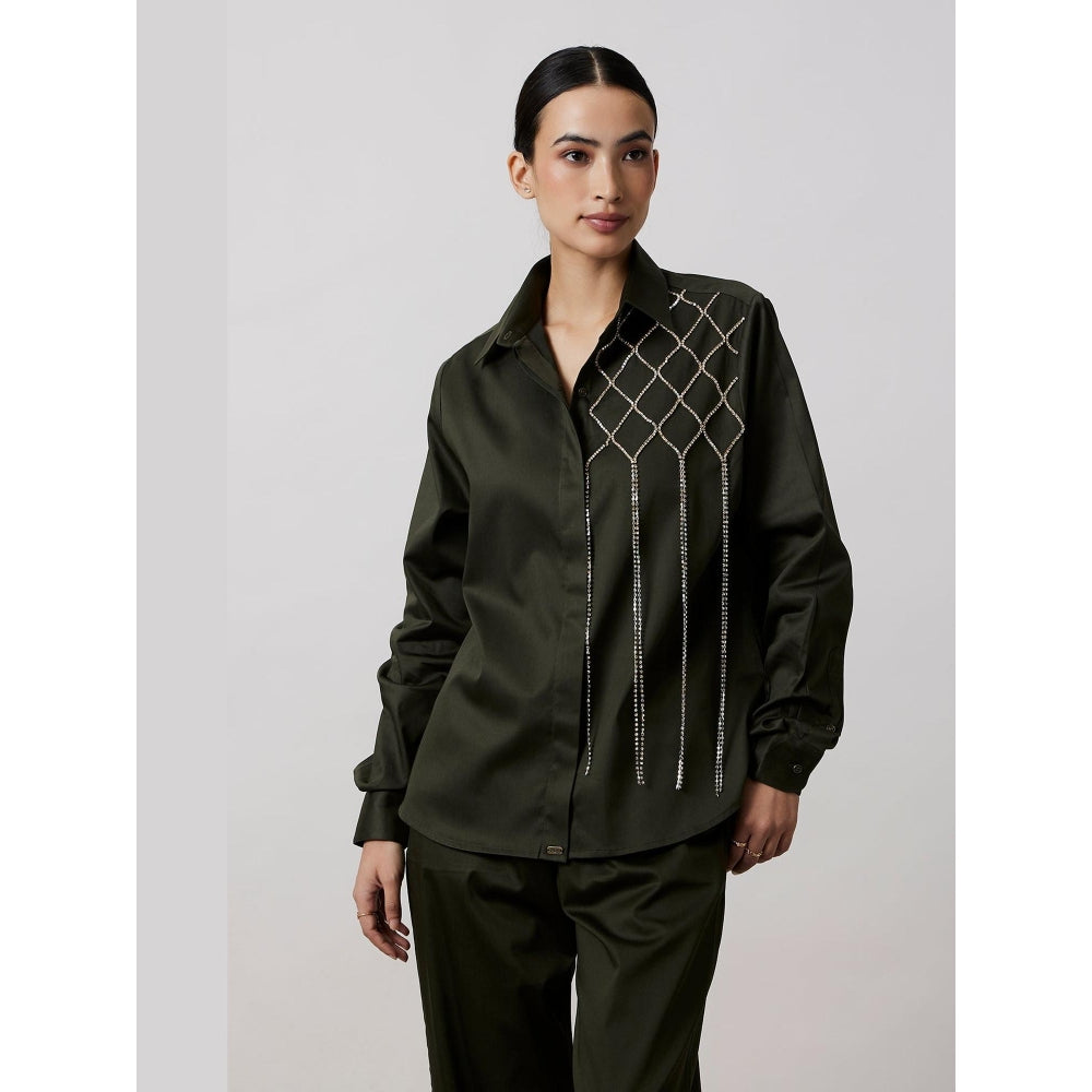 Pallavi Swadi Olive Fringe Swarovski Shirt