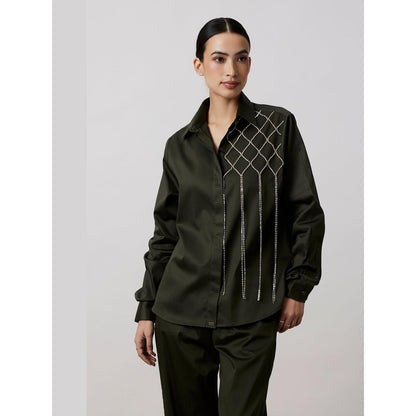 Pallavi Swadi Olive Fringe Swarovski Shirt