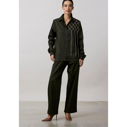 Pallavi Swadi Olive Fringe Swarovski Shirt