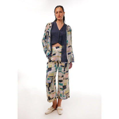 Pallavi Agarwal Blue Jace Open Jacket with Waist Coat and Pant (Set of 3)
