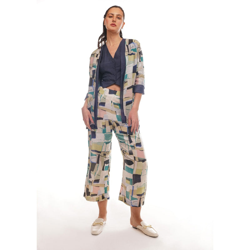 Pallavi Agarwal Blue Jace Open Jacket with Waist Coat and Pant (Set of 3)