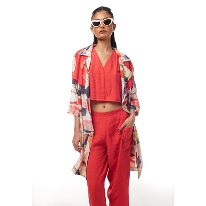 Pallavi Agarwal Rust Crimson Crop Top with Pant and Jacket (Set of 3)