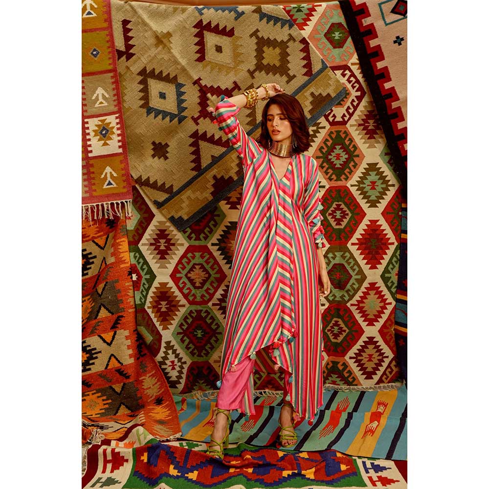 PALLAVI JAIPUR Hot Pink Indi-Leheriya Tassel Kurta with Pant (Set of 2)