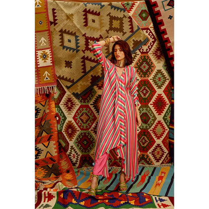 PALLAVI JAIPUR Hot Pink Indi-Leheriya Tassel Kurta with Pant (Set of 2)