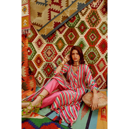 PALLAVI JAIPUR Hot Pink Indi-Leheriya Tassel Kurta with Pant (Set of 2)