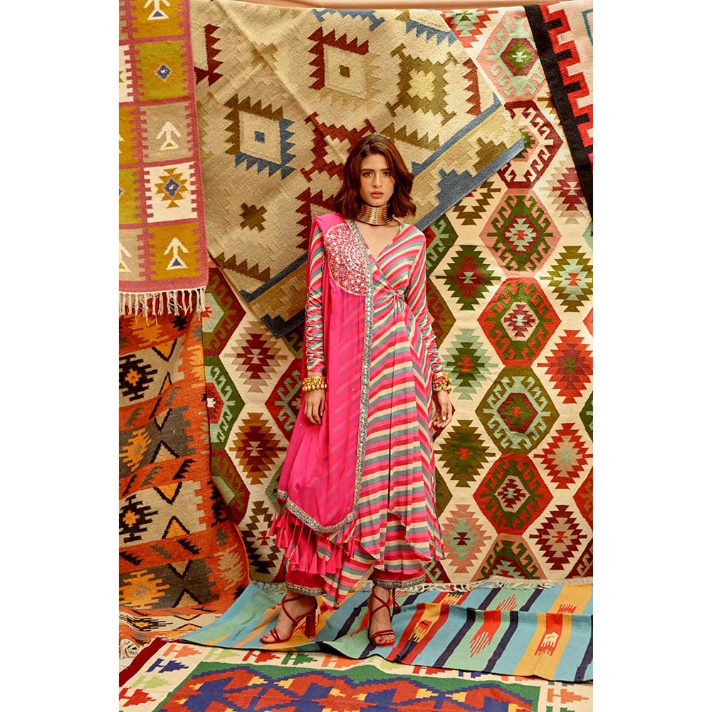 PALLAVI JAIPUR Hot Pink Indi-Leheriya Wrap Angarkha with Pant and Dupatta (Set of 3)