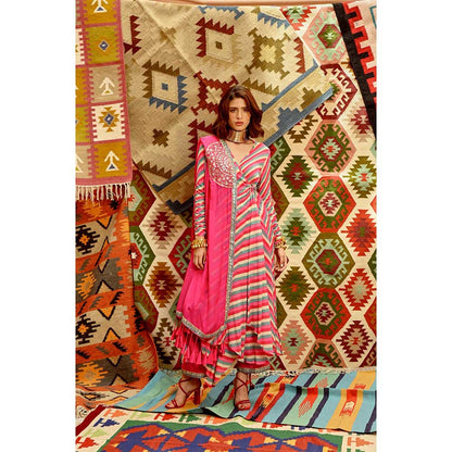 PALLAVI JAIPUR Hot Pink Indi-Leheriya Wrap Angarkha with Pant and Dupatta (Set of 3)