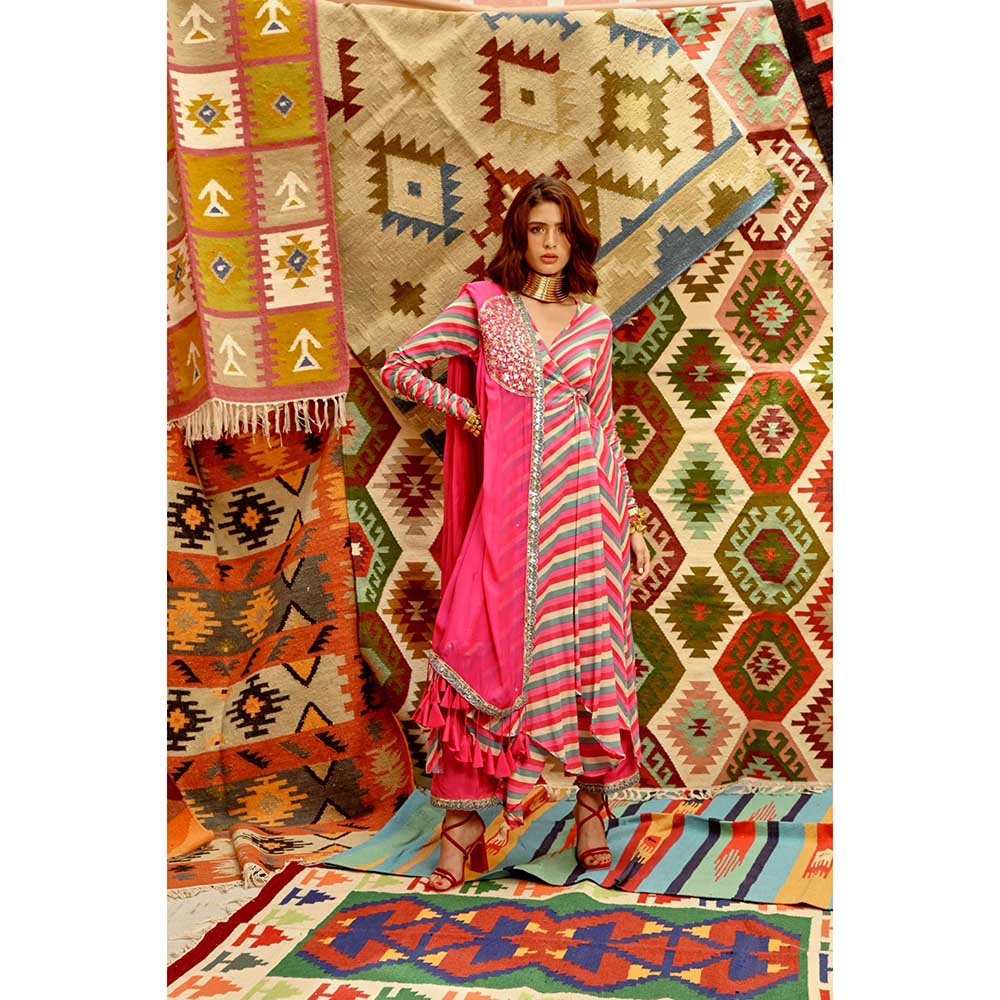 PALLAVI JAIPUR Hot Pink Indi-Leheriya Wrap Angarkha with Pant and Dupatta (Set of 3)