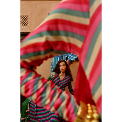 PALLAVI JAIPUR Hot Pink Indi-Leheriya Wrap Angarkha with Pant and Dupatta (Set of 3)