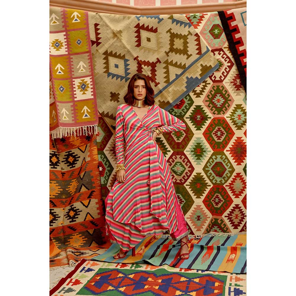 PALLAVI JAIPUR Hot Pink Indi-Leheriya Wrap Angarkha with Pant and Dupatta (Set of 3)