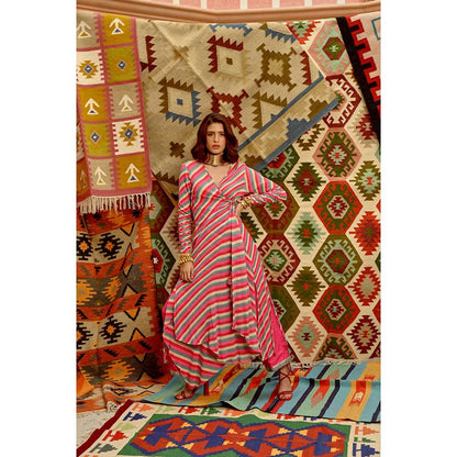 PALLAVI JAIPUR Hot Pink Indi-Leheriya Wrap Angarkha with Pant and Dupatta (Set of 3)