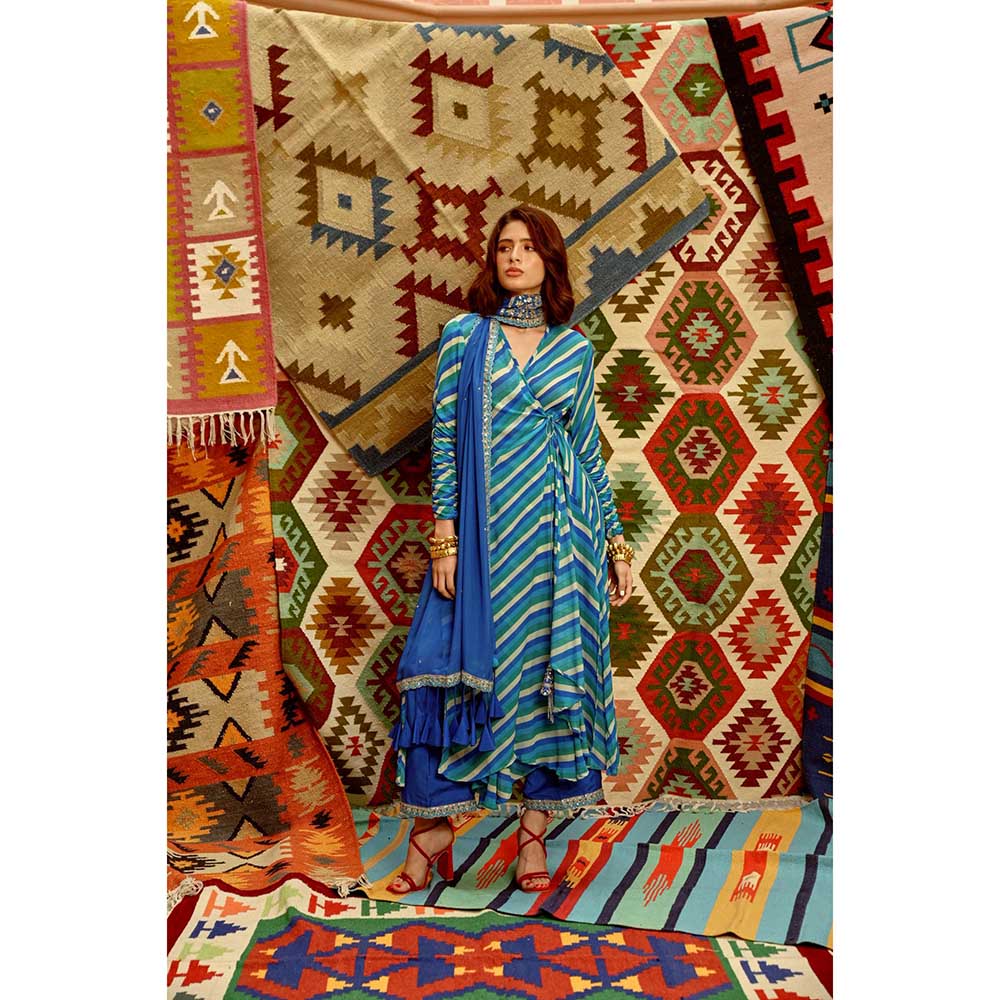 PALLAVI JAIPUR Cobalt Blue Indi-Leheriya Wrap Angarkha with Pant and Dupatta (Set of 3)