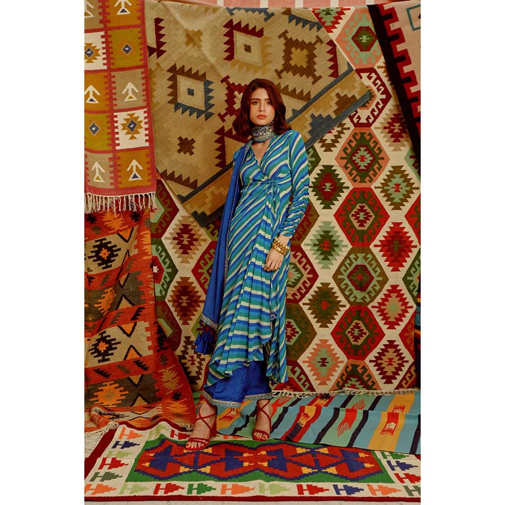 PALLAVI JAIPUR Cobalt Blue Indi-Leheriya Wrap Angarkha with Pant and Dupatta (Set of 3)