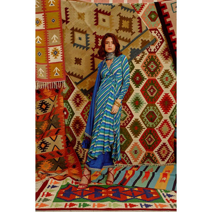 PALLAVI JAIPUR Cobalt Blue Indi-Leheriya Wrap Angarkha with Pant and Dupatta (Set of 3)