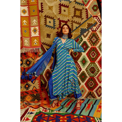PALLAVI JAIPUR Cobalt Blue Indi-Leheriya Wrap Angarkha with Pant and Dupatta (Set of 3)