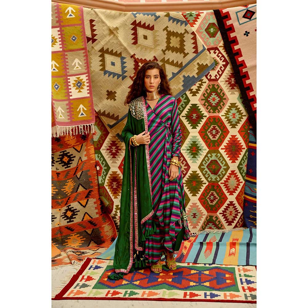 PALLAVI JAIPUR Multi-Color Indi-Leheriya Wrap Angarkha with Pant and Dupatta (Set of 3)
