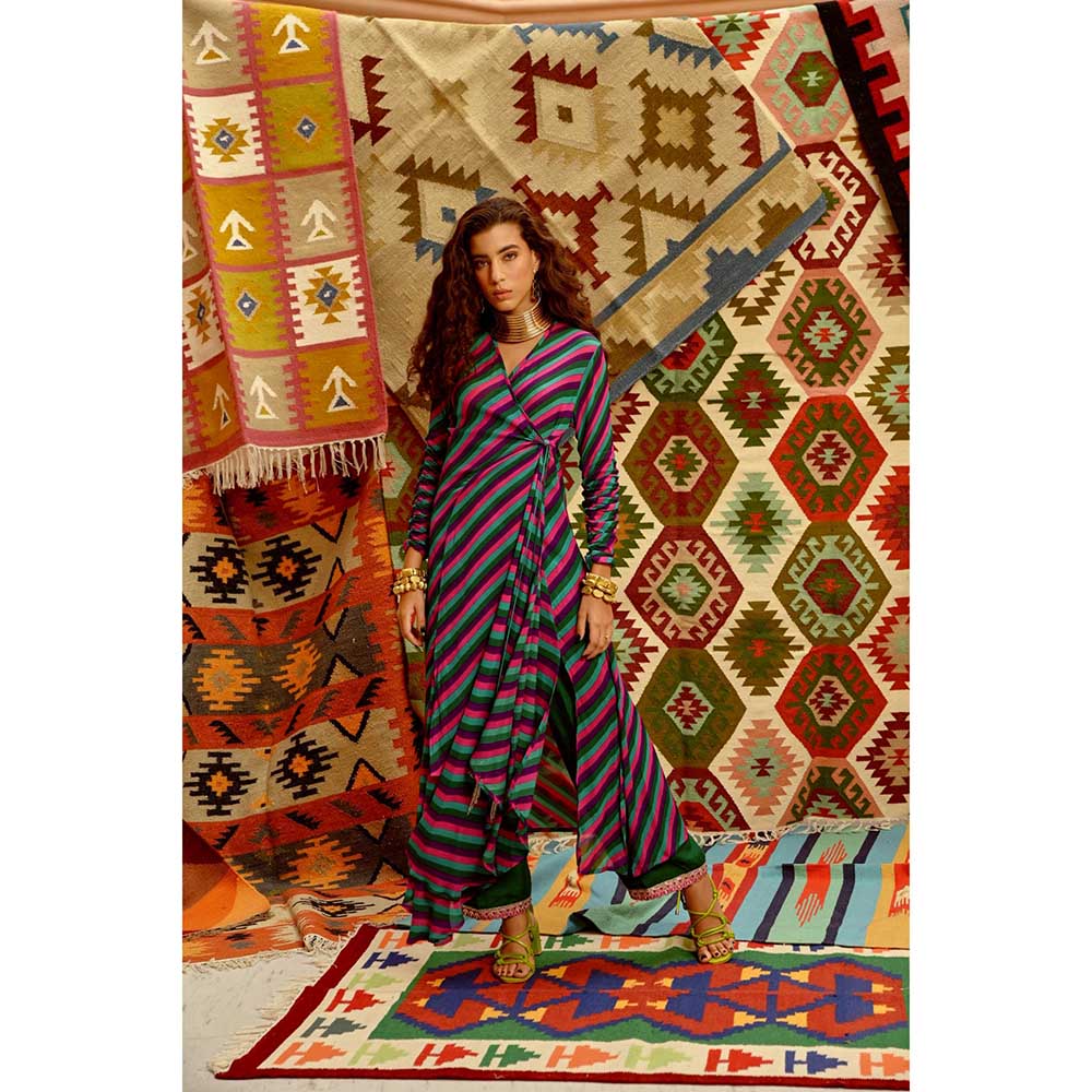 PALLAVI JAIPUR Multi-Color Indi-Leheriya Wrap Angarkha with Pant and Dupatta (Set of 3)
