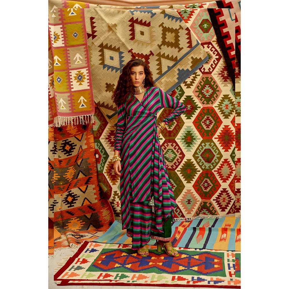 PALLAVI JAIPUR Multi-Color Indi-Leheriya Wrap Angarkha with Pant and Dupatta (Set of 3)