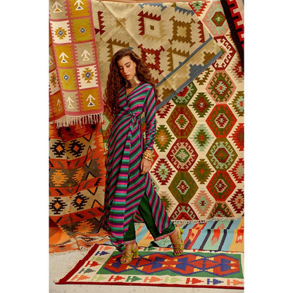 PALLAVI JAIPUR Multi-Color Indi-Leheriya Wrap Angarkha with Pant and Dupatta (Set of 3)