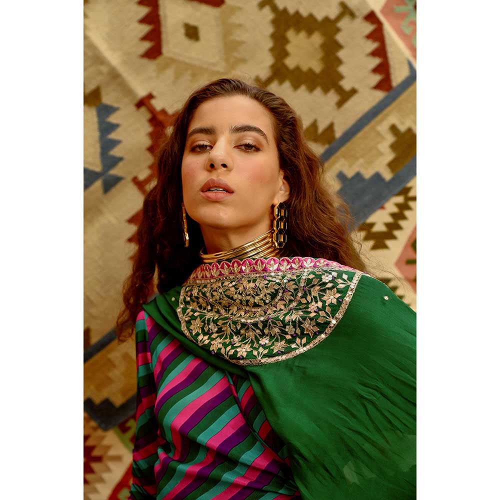 PALLAVI JAIPUR Multi-Color Indi-Leheriya Wrap Angarkha with Pant and Dupatta (Set of 3)